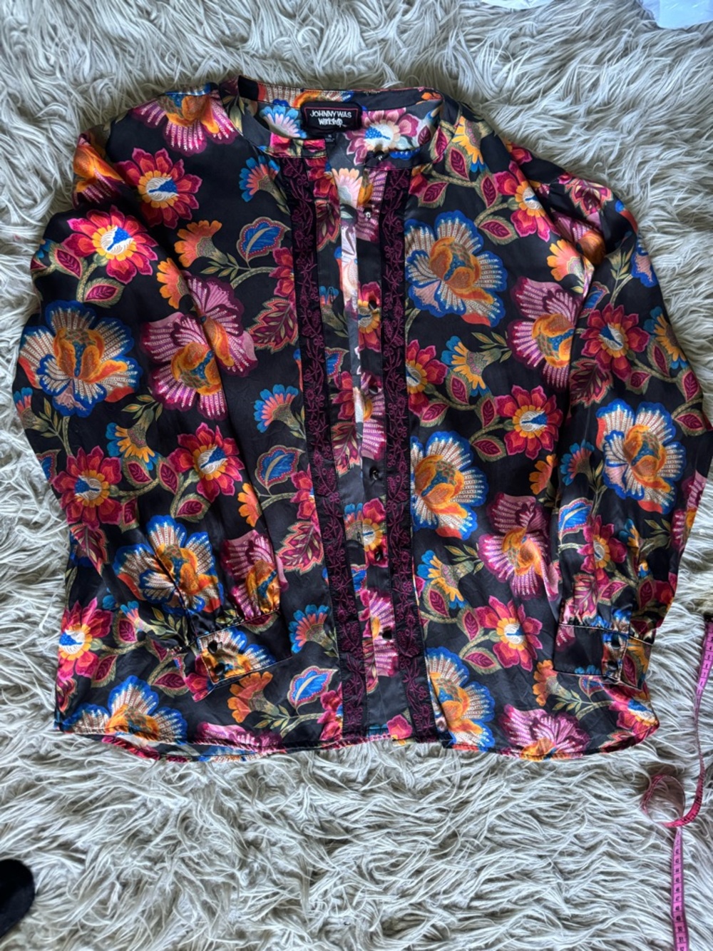 Johnny Was Black Floral Button-Front Blouse with pants with Multicolor Blooms